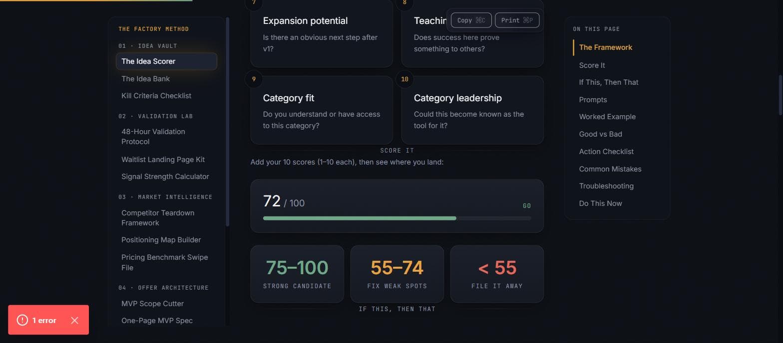 Real screenshot of the Factory Idea Scorer showing a live 72/100 score with decision bands