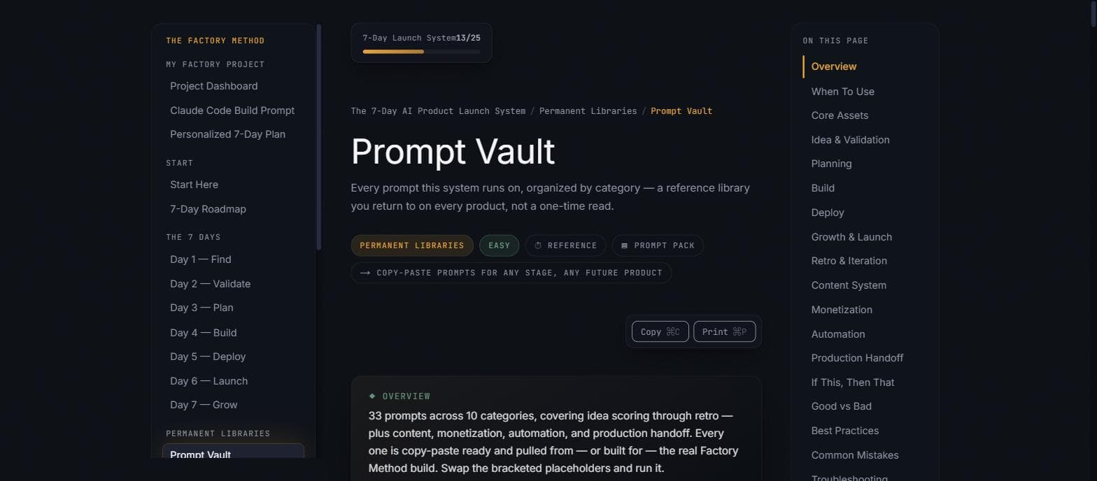 Real screenshot of the Prompt Vault overview listing 33 prompts across 10 categories